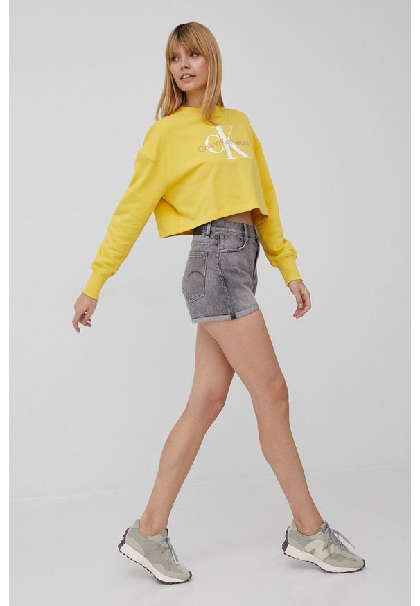 Calvin Klein Jeans bluza bawełniana J20J218751.PPYY damska kolor żółty z nadrukiem. Kolor: żółty. Materiał: bawełna. Wzór: nadruk