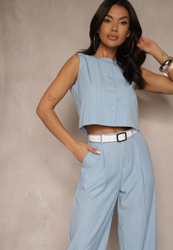 Renee - Niebieski Komplet z Wiskozą Spodnie o Szerokim Kroju i Kamizelka Lireonne. Kolor: niebieski. Materiał: wiskoza