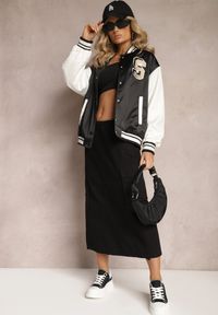 Renee - Czarna Bawełniana Spódnica Midi Cargo z Gumkami w Talii Franani. Kolor: czarny. Materiał: bawełna #4