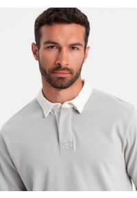 Ombre Clothing - Bluza męska z białym kołnierzykiem polo - popielata V7. Typ kołnierza: polo. Kolor: szary. Materiał: materiał, poliester, bawełna