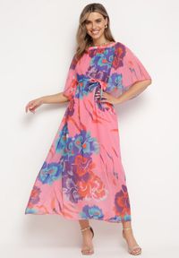 Born2be - Różowo-Niebieska Rozkloszowana Sukienka z Wiązaniem w Talii i Szerokimi Rękawami Nellanora. Kolor: różowy. Materiał: tkanina. Sezon: lato