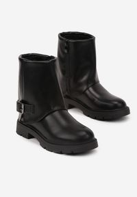 Born2be - Czarne Botki w Stylu Biker z Wywiniętą Cholewką i Kwadratową Klamrą Jeilly. Okazja: na co dzień. Zapięcie: klamry. Kolor: czarny. Materiał: jeans, skóra. Szerokość cholewki: normalna. Styl: młodzieżowy, casual, elegancki #3