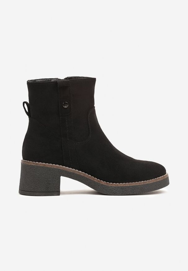 Born2be - Czarne Botki na Obcasie z Ozdobnym Paskiem Serivie. Okazja: na co dzień. Zapięcie: pasek. Kolor: czarny. Materiał: wełna, jeans. Obcas: na obcasie. Styl: klasyczny, elegancki, casual. Wysokość obcasa: średni