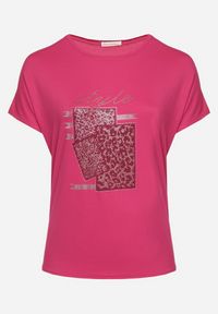 Born2be - Ciemnoróżowy Bawełniany T-shirt z Ozdobnym Napisem i Cyrkoniami Krisiona. Kolor: różowy. Materiał: bawełna. Wzór: napisy. Sezon: lato #3