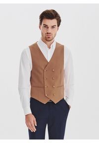 Pako Lorente - PAKO LORENTE - Ruda dwurzędowa kamizelka męska. Okazja: na co dzień. Kolor: brązowy. Materiał: poliester, wiskoza, elastan. Wzór: gładki. Styl: casual #1