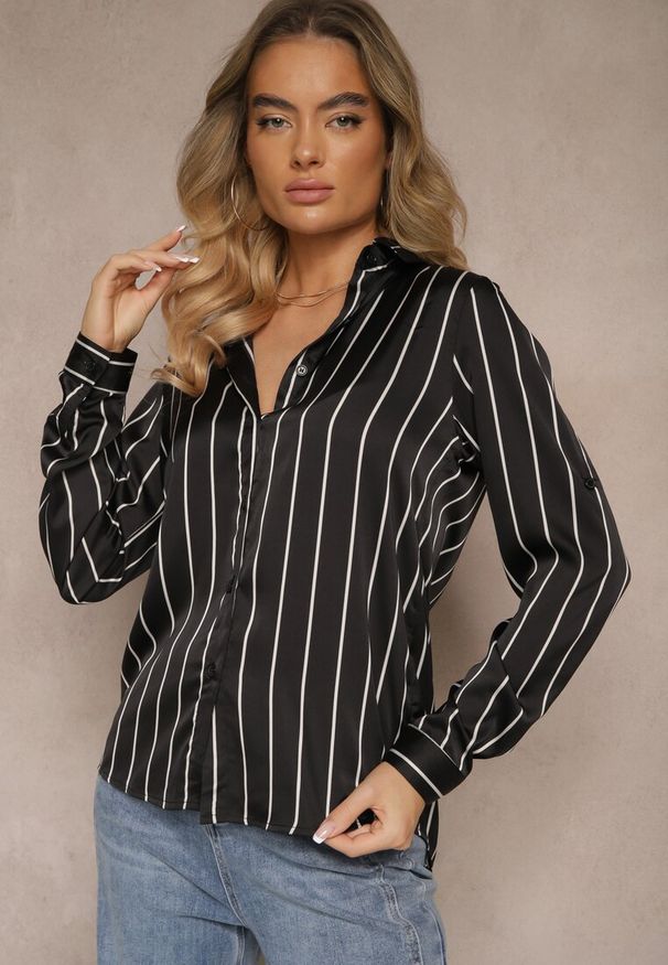 Renee - Czarna Koszula w Pionowe Prążki z Możliwością Podpięcia Rękawów Cerraza. Okazja: na co dzień, do pracy. Kolor: czarny. Materiał: jeans. Wzór: prążki. Styl: casual