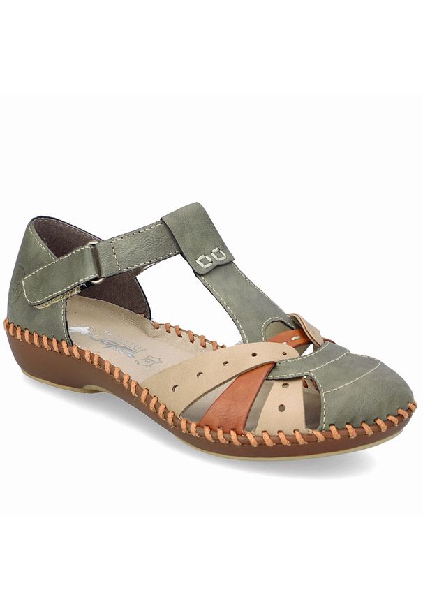 Sandały damskie komfortowe na rzepy zabudowane palce zielone Rieker M1655-54. Zapięcie: rzepy. Kolor: zielony. Materiał: skóra ekologiczna