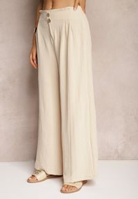 Renee - Beżowe Spodnie w Stylu Alladynek High Waist Wykończone Gumką w Pasie Riselma. Okazja: na co dzień. Stan: podwyższony. Kolor: beżowy. Styl: sportowy, casual #5