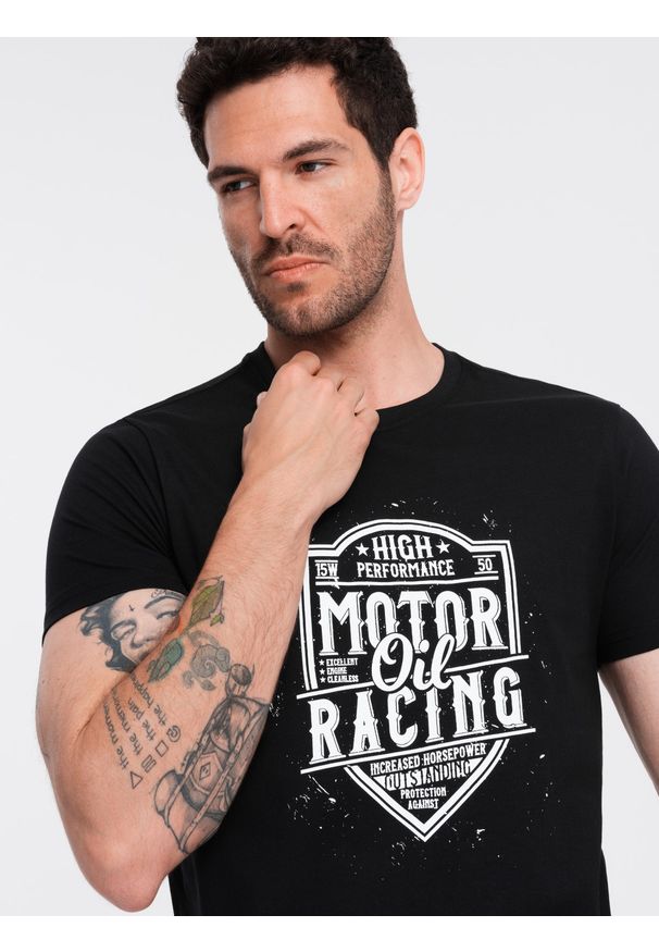 Ombre Clothing - T-shirt męski z nadrukiem w stylu motocyklowym – czarny V1 - Rozmiar: M. Okazja: na co dzień. Kolor: czarny. Materiał: materiał, bawełna. Wzór: nadruk. Styl: klasyczny, casual, elegancki