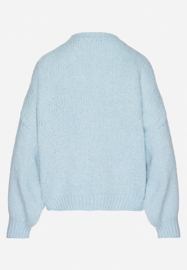 Born2be - Niebieski Sweter z Wełną Zdobiony Warkoczowym Splotem Lakkaria. Okazja: na co dzień. Kolor: niebieski. Materiał: wełna. Długość rękawa: długi rękaw. Długość: długie. Wzór: aplikacja, ze splotem. Styl: casual, elegancki