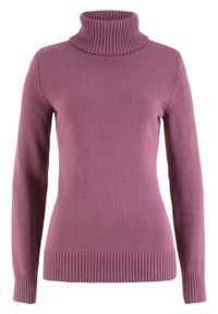 Sweter z golfem bonprix matowy jeżynowy. Typ kołnierza: golf. Kolor: różowy. Wzór: prążki. Styl: elegancki