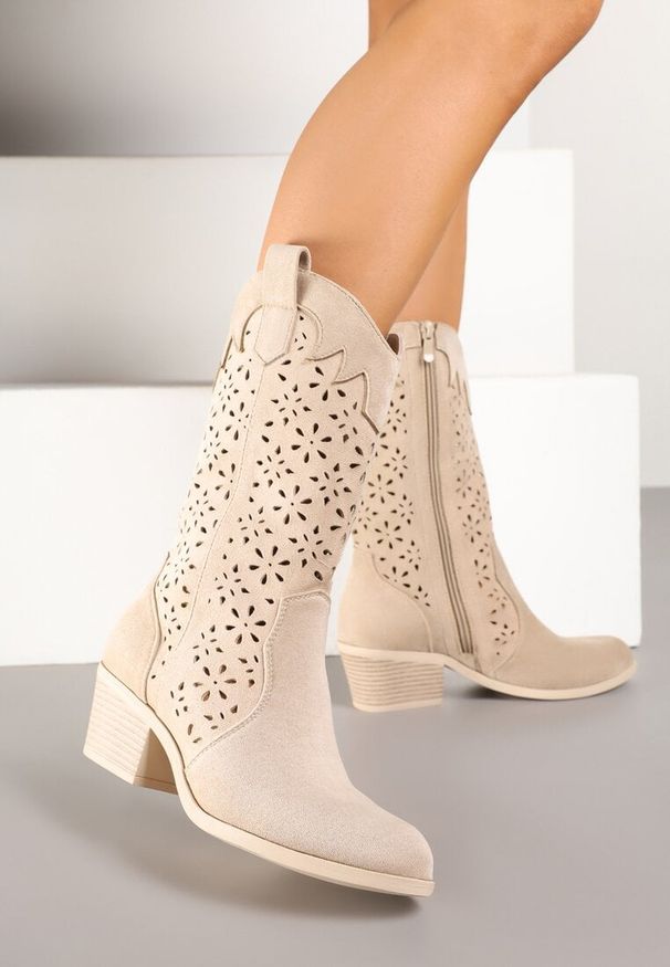 Born2be - Ciemnobeżowe Ażurowe Botki na Obcasie w Stylu Kowbojek Lissemi. Okazja: na co dzień. Kolor: beżowy. Materiał: jeans, skóra. Wzór: ażurowy. Sezon: wiosna, jesień. Obcas: na obcasie. Styl: casual, elegancki. Wysokość obcasa: średni