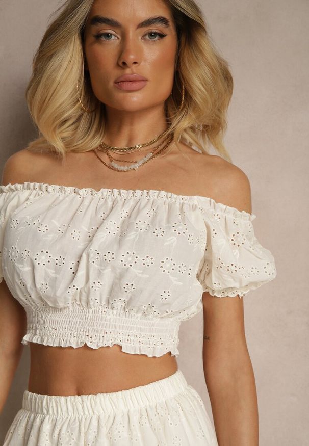 Renee - Jasnobeżowy Bawełniany Komplet Ażurowy Krótki Top Spódnica z Gumką w Pasie Igue. Kolor: beżowy. Materiał: bawełna. Wzór: ażurowy