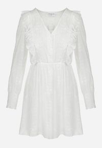 Born2be - Biała Sukienka z Haftowanej Tkaniny z Gumką w Pasie Micromi. Typ kołnierza: kołnierz z falbankami. Kolor: biały. Materiał: tkanina. Wzór: haft. Sezon: wiosna, lato #6