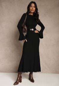 Renee - Czarna Sweterkowa Sukienka Longsleeve z Wiskozą z Paskiem z Klamerką Muszelką Retine. Okazja: na imprezę. Kolor: czarny. Materiał: wiskoza. Długość rękawa: długi rękaw. Styl: elegancki #5