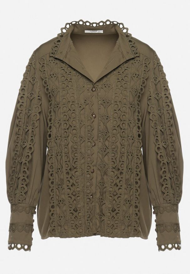 Born2be - Ciemnozielona Koszula Ażurowa ze Stójką Arnot. Typ kołnierza: kołnierzyk stójkowy. Kolor: zielony. Materiał: koronka. Długość: długie. Wzór: ażurowy. Styl: vintage