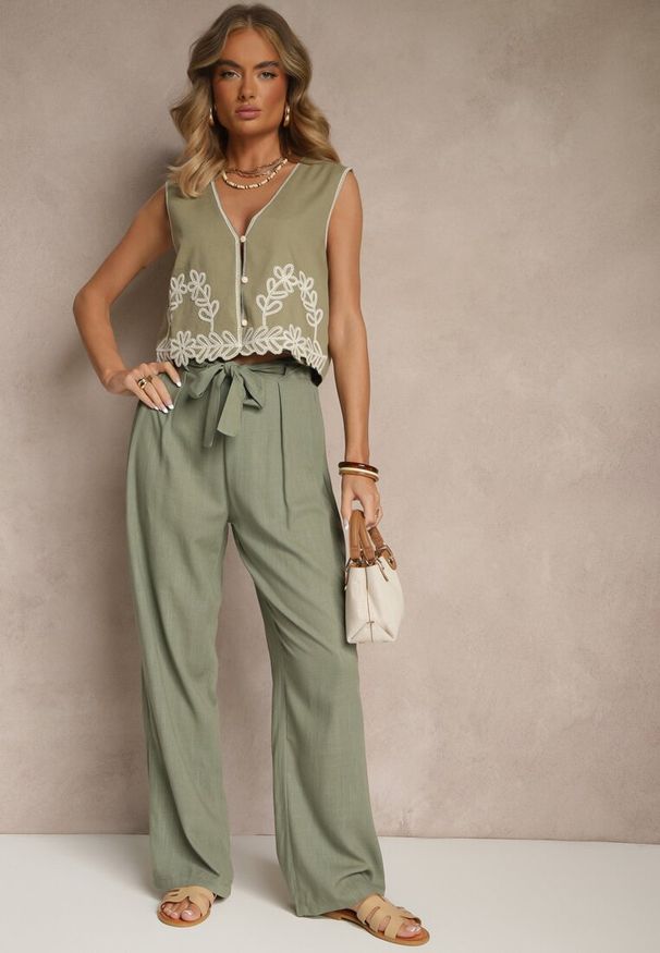 Renee - Zielone Klasyczne Spodnie High Waist z Lnu i Bawełny Wiązane w Talii Linelira. Okazja: na co dzień. Stan: podwyższony. Kolor: zielony. Materiał: bawełna, len. Styl: klasyczny