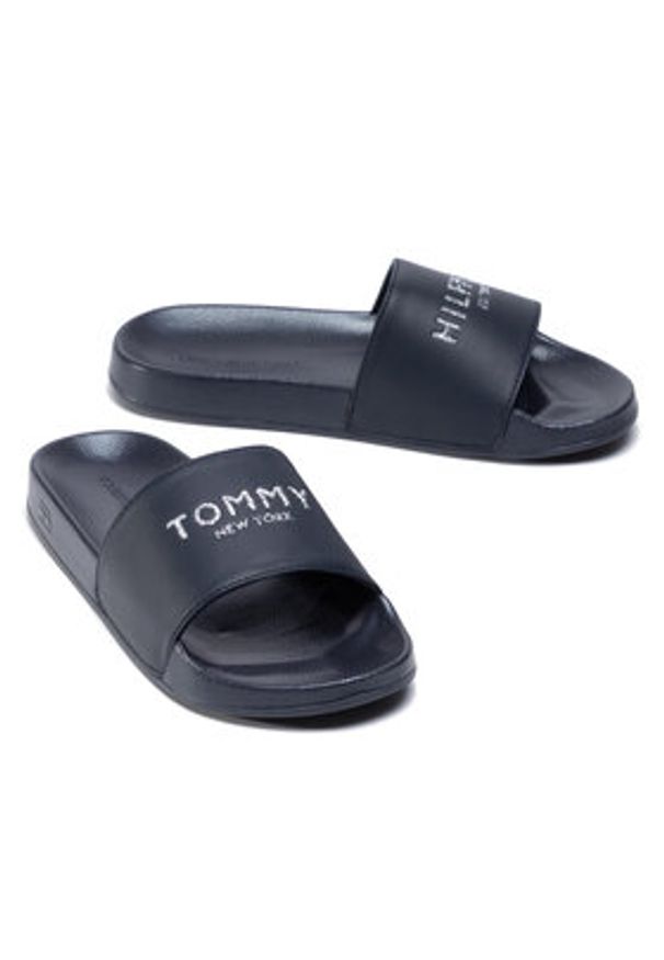 TOMMY HILFIGER - Tommy Hilfiger Klapki Th Glitter Pool Slide FW0FW04982 Granatowy. Kolor: niebieski. Materiał: skóra