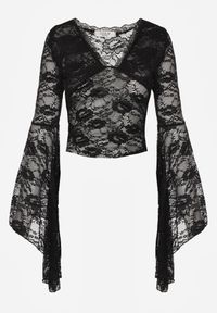 Born2be - Czarna Koronkowa Bluzka z Rozkloszowanymi Długimi Rękawami Ablea. Okazja: na co dzień, na imprezę. Kolor: czarny. Materiał: koronka. Długość rękawa: długi rękaw. Długość: długie. Styl: casual, elegancki #2