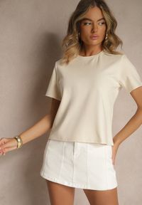 Renee - Beżowy Klasyczny T-shirt z Grubszej Bawełny Tiavone. Okazja: na co dzień. Kolor: beżowy. Materiał: bawełna. Styl: klasyczny #3
