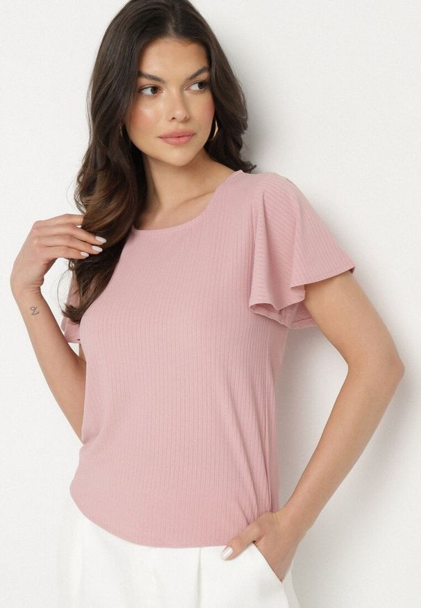 Born2be - Różowa Bluzka Ozdobiona Szerokimi Rękawami Sunlisa. Okazja: na co dzień. Kolor: różowy. Materiał: jeans. Wzór: aplikacja. Styl: klasyczny, casual