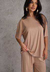 Renee - Beżowy Oversizowy Komplet Zdobiony Cyrkoniami T-shirt i Spodnie Arnateia. Kolor: beżowy. Wzór: aplikacja #7