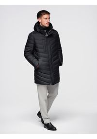 Ombre Clothing - Długa pikowana kurtka męska z naturalnym wypełnieniem - czarna V1. Okazja: na co dzień. Kolor: czarny. Materiał: tkanina, materiał, puch. Długość: długie. Styl: elegancki, casual #1