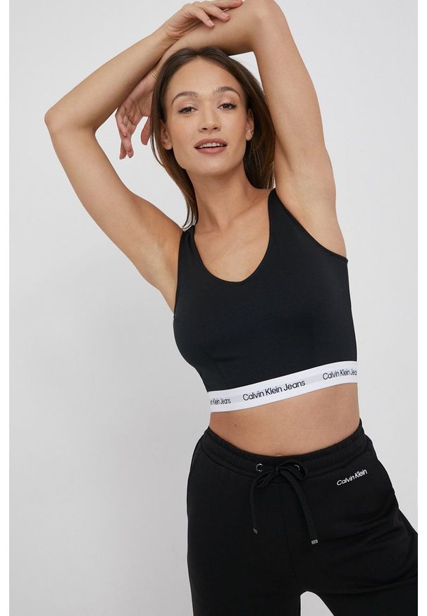 Calvin Klein Jeans top damski kolor czarny. Kolor: czarny. Materiał: materiał, włókno. Długość rękawa: na ramiączkach