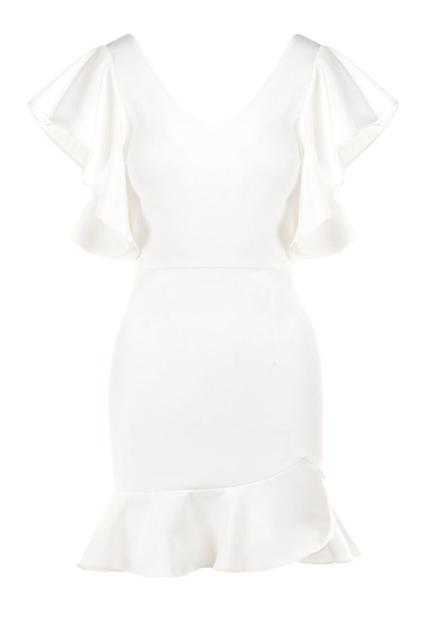 Born2be - Biała Sukienka Bessette. Typ kołnierza: kołnierz z falbankami. Kolor: biały. Długość rękawa: krótki rękaw. Wzór: aplikacja. Typ sukienki: dopasowane. Styl: wizytowy. Długość: mini