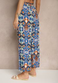 Renee - Niebieskie Bawełniane Spodnie High Waist Szerokie we Wzór Boho Tolioria. Okazja: na co dzień, do pracy. Stan: podwyższony. Kolor: niebieski. Materiał: bawełna. Styl: boho