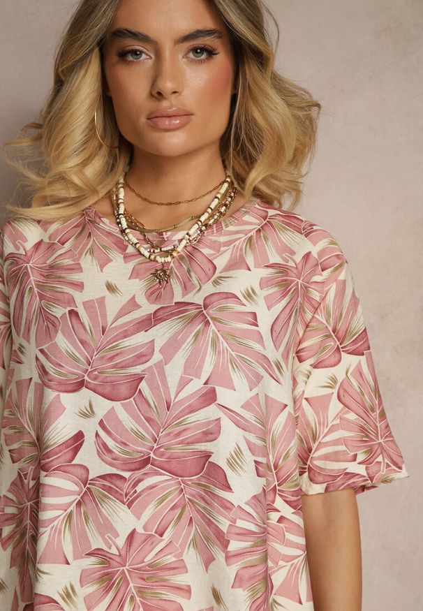 Renee - Różowy Komplet z Wiskozy Zdobiony Roślinnym Printem T-shirt i Szerokie Spodnie Evialena. Kolor: różowy. Materiał: wiskoza. Wzór: aplikacja, nadruk