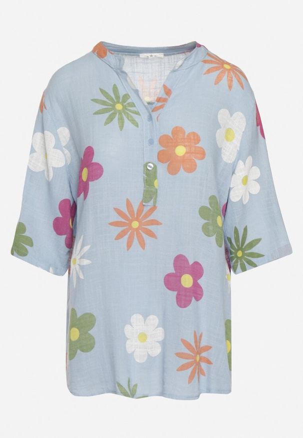 Born2be - Jasnoniebieska Koszula z Lnu i Bawełny w Kwiaty z Krótkim Rękawem Ambubia. Okazja: na co dzień. Typ kołnierza: dekolt w kształcie V. Kolekcja: plus size. Kolor: niebieski. Długość: krótkie. Wzór: kwiaty. Materiał: bawełna, len. Długość rękawa: krótki rękaw. Sezon: lato. Styl: casual