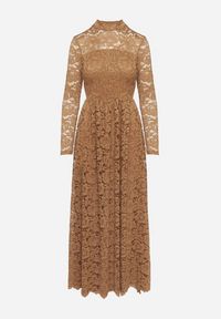 Born2be - Beżowa Rozkloszowana Sukienka z Koronki ze Stójką i Gumką w Talii Delaviae. Okazja: na co dzień, na imprezę. Typ kołnierza: kołnierzyk stójkowy. Kolor: beżowy. Materiał: koronka. Wzór: koronka. Styl: casual, elegancki #3