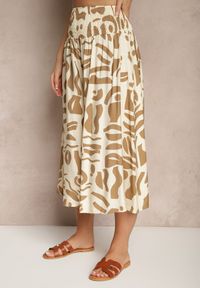 Renee - Beżowe Szerokie Spodnie Culottes z Gumką Zdobione Geometrycznym Printem Sartebia. Okazja: na co dzień. Kolor: beżowy. Wzór: aplikacja, geometria, nadruk. Styl: elegancki, casual #5