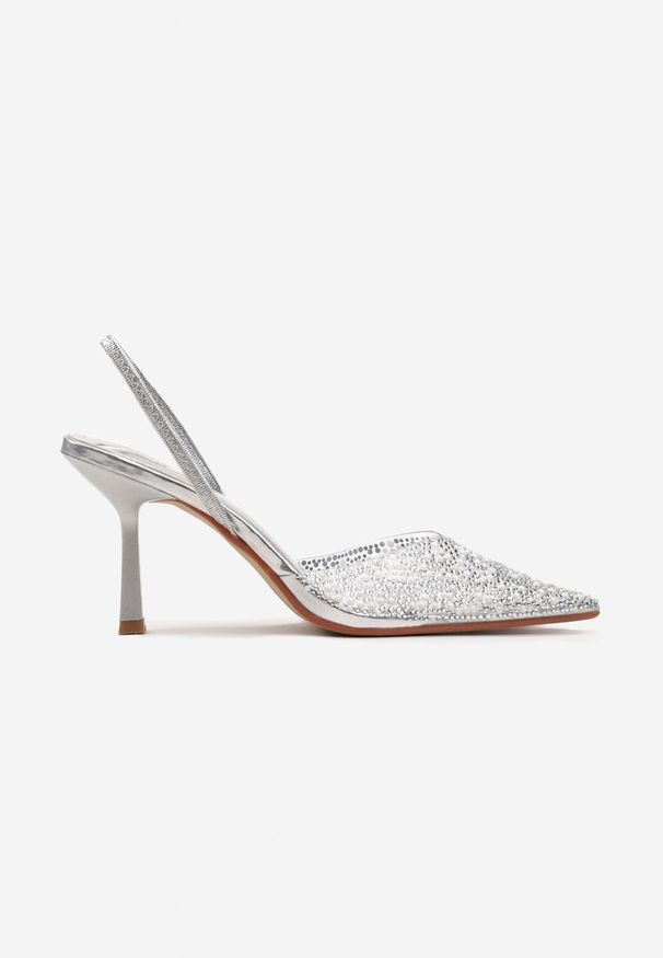 Renee - Srebrne Sandały z Transparentnym Noskiem na Szpilce Ozdobione Perłami i Cyrkoniami Halene. Kolor: srebrny. Wzór: aplikacja. Obcas: na szpilce. Styl: elegancki