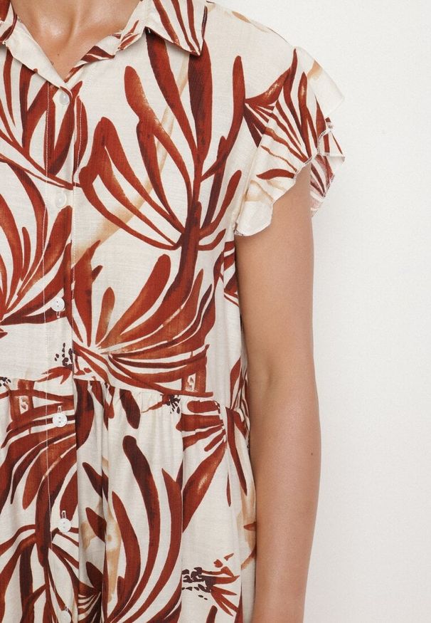 Born2be - Brązowa Sukienka z Wiskozą Lnem Bawełną i Motywem Liści Lilumea. Okazja: na co dzień. Kolor: brązowy. Materiał: wiskoza, len, bawełna. Styl: elegancki, casual