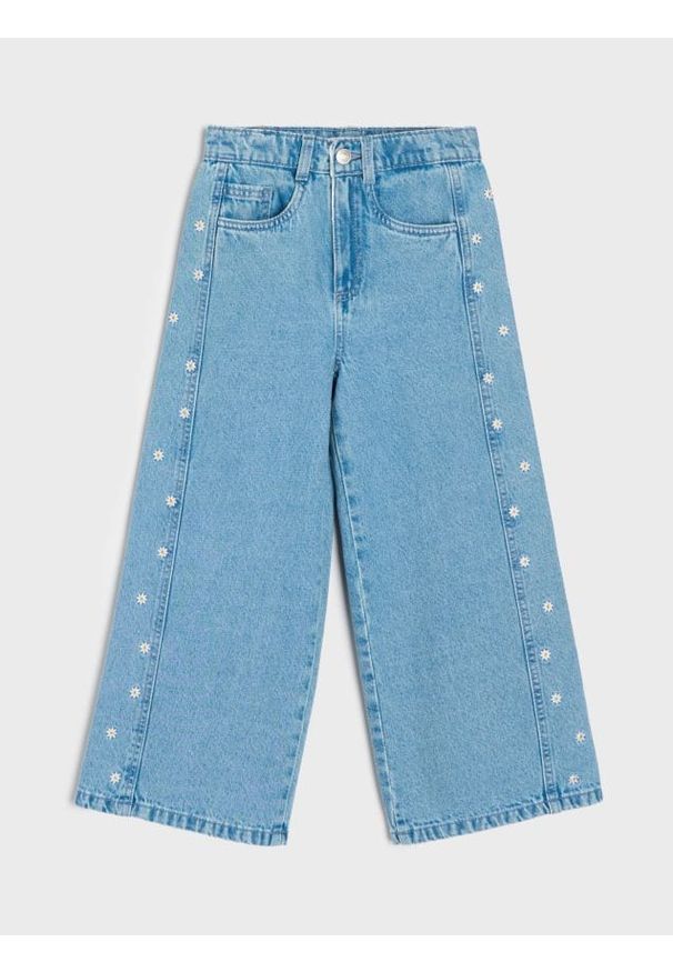 Sinsay - Jeansy wide leg z haftowanymi kwiatkami - granatowy. Kolor: niebieski. Wzór: haft, kwiaty
