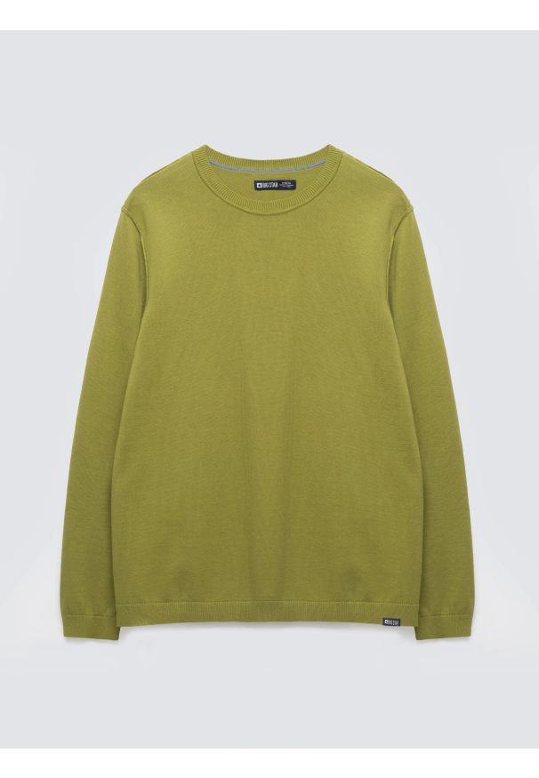 Big-Star - Sweter męski bawełniany zielony Simoner 301. Okazja: na co dzień. Kolor: zielony. Materiał: bawełna. Długość rękawa: długi rękaw. Długość: długie. Wzór: gładki, aplikacja, ze splotem. Styl: casual, klasyczny