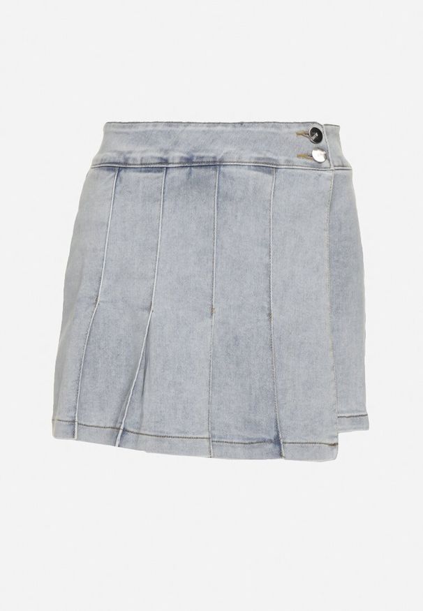 Born2be - Jasnoniebieskie Bawełniane Spódnico-Szorty Jeansowe Ozdobione Plisami Tulvesin. Okazja: na co dzień. Stan: podwyższony. Kolor: niebieski. Materiał: bawełna, jeans. Wzór: aplikacja. Styl: elegancki, casual
