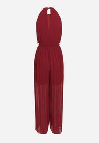 Born2be - Bordowy Taliowany Kombinezon z Dekoltem Typu Halter z Gumką w Pasie i Materiałowym Paskiem Xolefia. Okazja: na co dzień, na imprezę. Kolor: czerwony. Materiał: materiał. Styl: elegancki, casual #4