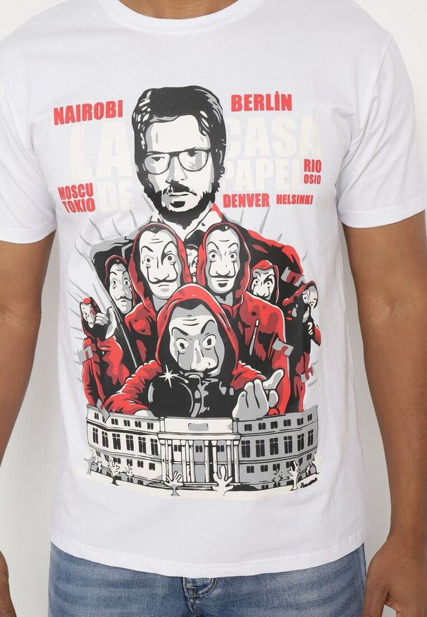 Born2be - Biały Klasyczny T-shirt z Bawełny z Dużym Nadrukiem Gunelia. Okazja: na co dzień. Kolor: biały. Materiał: bawełna. Wzór: nadruk. Styl: klasyczny