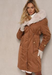 Renee - Brązowa Ocieplana Kurtka Parka z Kapturem i Ściągaczem w Pasie Semilaura. Okazja: na co dzień. Typ kołnierza: kaptur. Kolor: brązowy. Materiał: jeans, futro. Długość rękawa: długi rękaw. Długość: długie. Styl: klasyczny, elegancki, casual #4