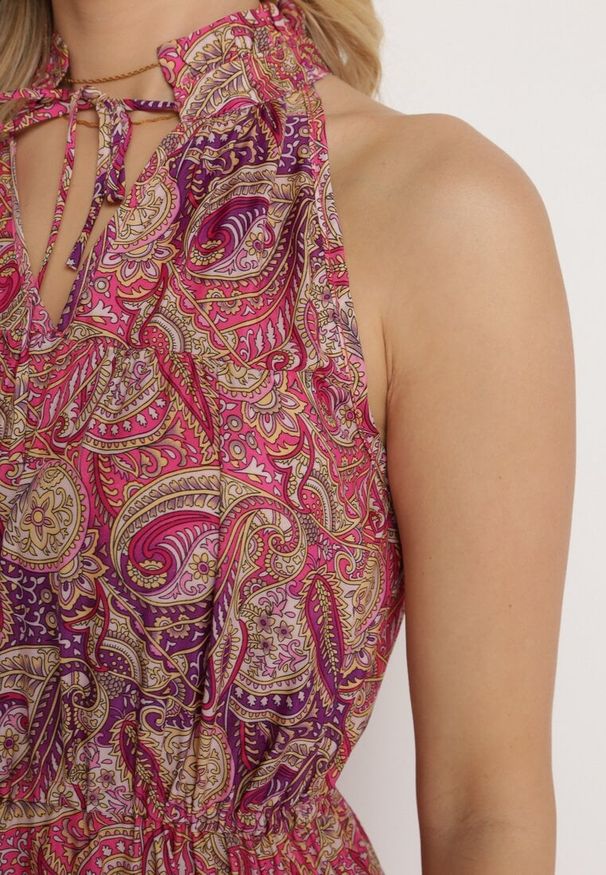 Born2be - Fioletowo-Różowa Rozkloszowana Sukienka z Gumkami w Talii Wiązana przy Dekolcie Vrisa. Okazja: na co dzień. Typ kołnierza: dekolt w kształcie V. Kolor: fioletowy. Sezon: lato. Typ sukienki: rozkloszowane. Styl: elegancki, casual