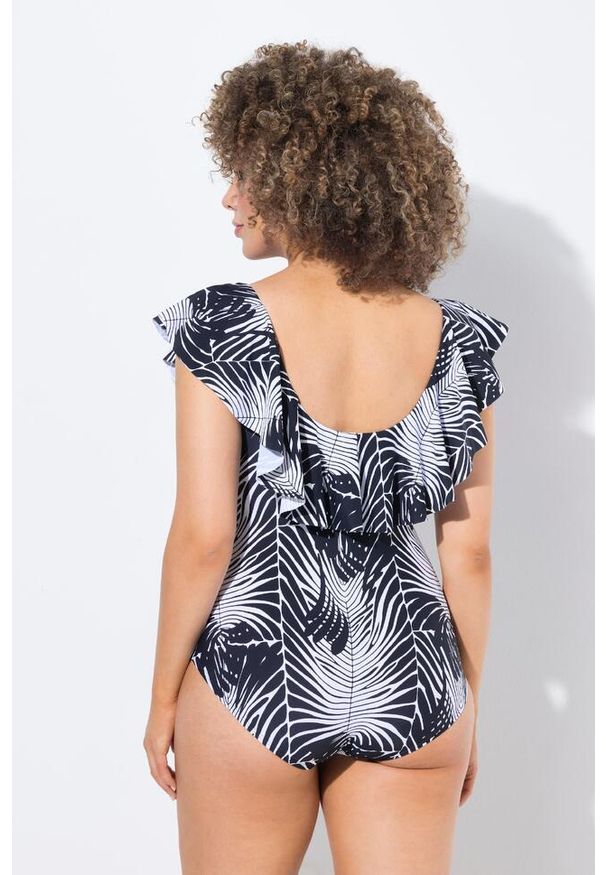 ULLA POPKEN - Damski Kostium kąpielowy wzór skóra węża miękkie miseczki falbana z recyklingu. Kolekcja: plus size. Kolor: czarny. Materiał: poliamid, materiał, elastan