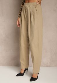 Renee - Beżowe Spodnie High Waist z Bawełny o Szerokim Kroju Nalitia. Okazja: na co dzień. Stan: podwyższony. Kolor: beżowy. Materiał: bawełna. Styl: casual #4