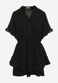 Born2be - Czarny Taliowany Kombinezon z Gumką w Talii i Ozdobną Falbanką przy Rękawach Nanselena. Kolor: czarny. Długość rękawa: krótki rękaw. Długość: krótkie. Styl: elegancki #5