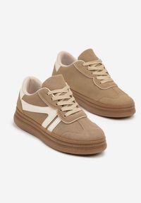 Renee - Beżowe Sneakersy Tenisówki Ozdobione Geometrycznym Wzorem Shie. Okazja: na co dzień. Kolor: beżowy. Materiał: jeans. Wzór: aplikacja, geometria #3