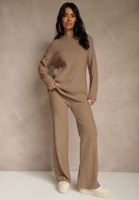 Renee - Ciemnobeżowy Komplet z Wełną i Bawełną Szerokie Spodnie i Sweter o Długim Kroju Reilissa. Kolor: beżowy. Materiał: wełna, bawełna #1