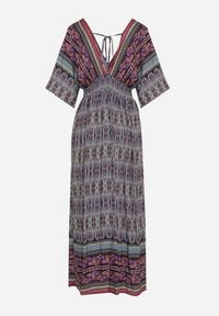 Born2be - Fioletowa Boho Sukienka z Szerokimi Rękawami z Gumką w Pasie i Wiązaniem na Plecach Piomina. Typ kołnierza: choker, dekolt w kształcie V. Kolor: fioletowy. Wzór: aplikacja. Styl: boho #2