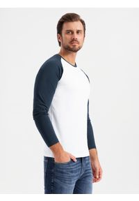 Ombre Clothing - Męski longsleeve z kontrastowymi raglanowymi rękawami – biało-granatowy V1 OM-LSCL-0105 - XXL. Okazja: na co dzień. Kolor: biały. Materiał: dzianina, bawełna, jersey, materiał, skóra. Długość rękawa: długi rękaw. Wzór: ze splotem. Styl: klasyczny, casual #4